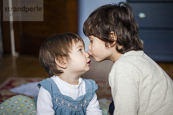 Nahaufnahme eines Bruders  der seine niedliche Schwester zu Hause auf die Nase küsst