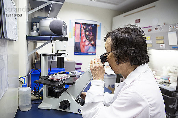 Seitenansicht einer leitenden Wissenschaftlerin unter dem Mikroskop im Labor