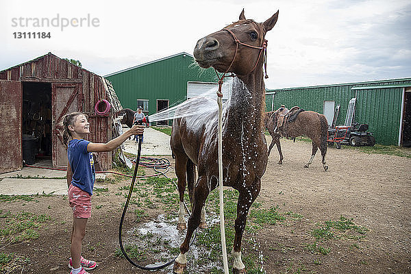 Seitenansicht eines lächelnden Mädchens  das in einer Scheune vor bewölktem Himmel Wasser auf ein Pferd spritzt