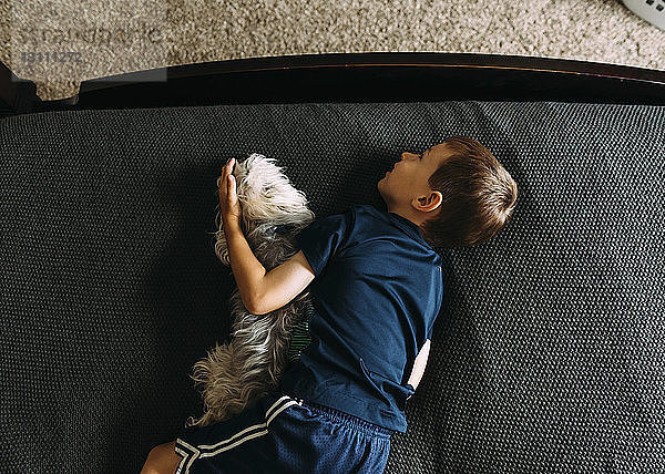 Draufsicht auf einen zu Hause auf dem Bett liegenden Jungen mit Hund