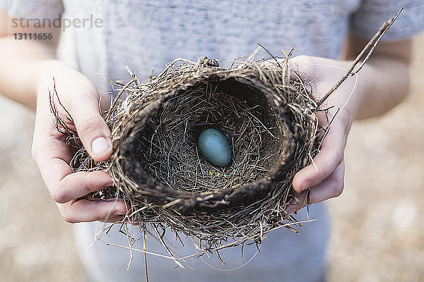 Junge hält blaues Ei im Vogelnest in der Mitte