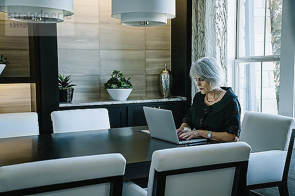 Geschäftsfrau  die am Laptop-Computer arbeitet  während sie im Sitzungssaal am Fenster sitzt