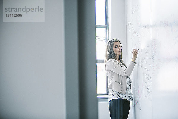Zuversichtliche Geschäftsfrau schreibt im Büro durch Glastür auf Whiteboard