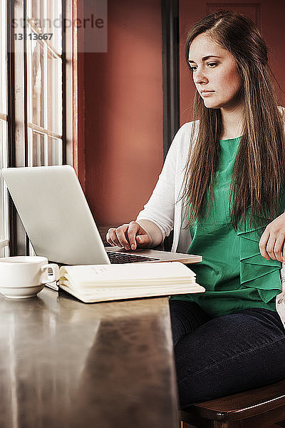 Frau benutzt Laptop  während sie im Café am Fenster sitzt