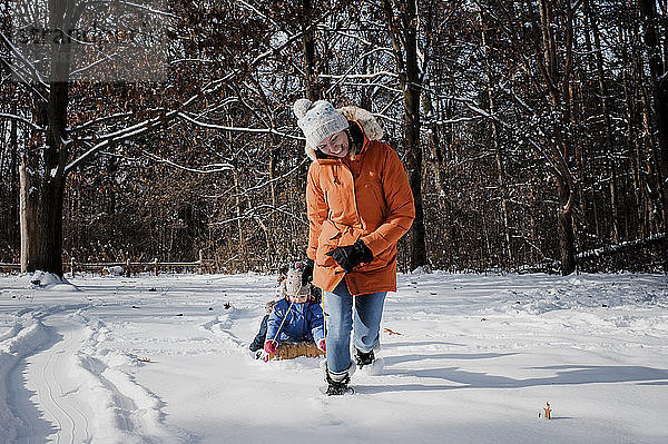 Glückliche Mutter zieht Kinder  die im Winter im Wald auf einem Schlitten sitzen