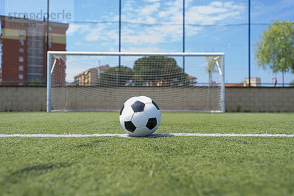 Fussball auf Rasenplatz gegen Netz