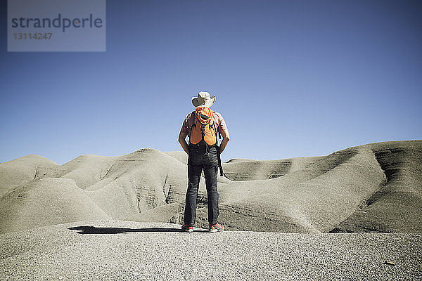 Rückansicht eines männlichen Wanderers  der in der Wüste vor klarem blauen Himmel steht