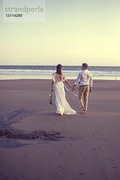 Rückansicht eines frisch vermählten Paares  das sich bei Sonnenuntergang am Strand bei klarem Himmel an den Händen hält