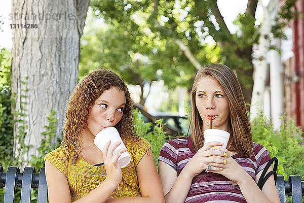 Freunde genießen ein Getränk  während sie auf einer Parkbank sitzen