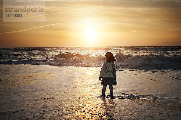 Rückansicht eines am Strand am Strand stehenden Mädchens gegen den Himmel bei Sonnenuntergang