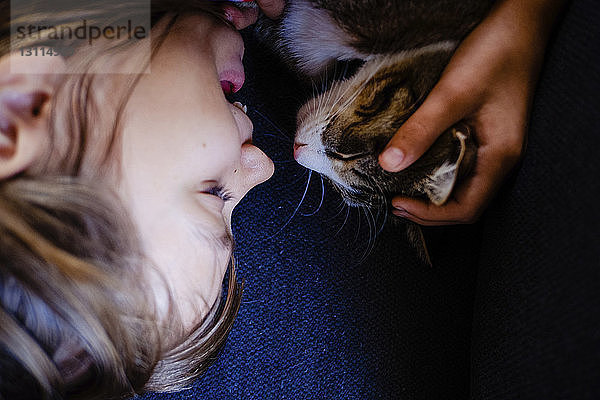 Hochwinkelaufnahme eines Mädchens  das mit einem Kätzchen spielt  während es zu Hause auf dem Bett liegt