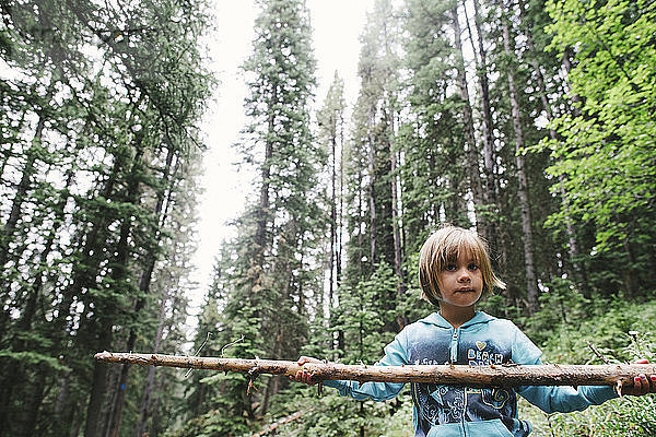 Porträt eines Mädchens  das im Wald stehend einen Ast hält