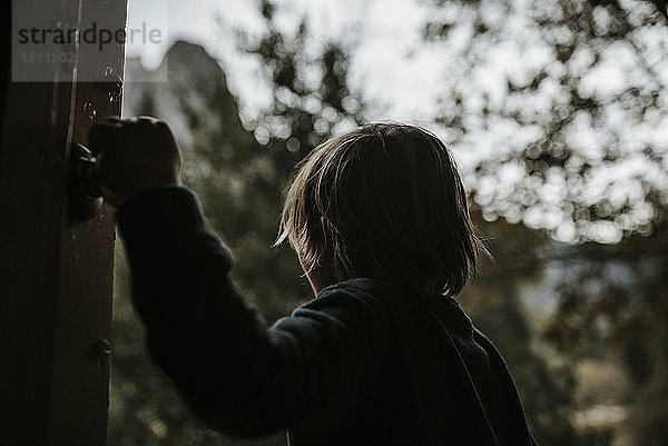 Rückansicht eines Jungen mit Türklinke im Park