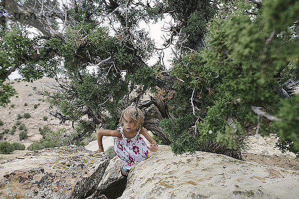 Mädchen schaut weg  während sie auf Felsen am Baum geht