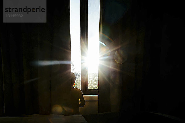 Ausgeschnittenes Bild eines Jungen  der zu Hause am Fenster steht und durch die Tür gesehen wird