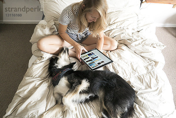 Hochwinkelansicht einer Frau  die einen Tablet-Computer benutzt  während sie mit ihrem Hund auf dem Bett sitzt