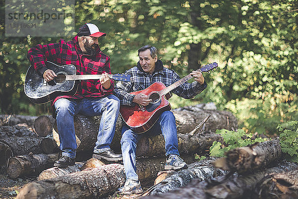 Freunde spielen Gitarre  während sie auf Baumstämmen im Wald sitzen