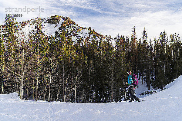 Frau mit Skistöcken geht auf verschneitem Feld