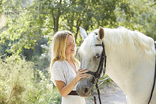 Glückliche Frau streichelt weißes Pferd auf dem Bauernhof