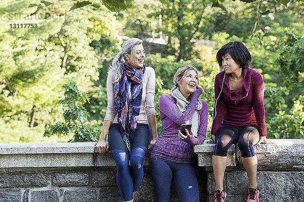 Glückliche Frauen sehen Freundin an  die auf einer Stützmauer im Park sitzt