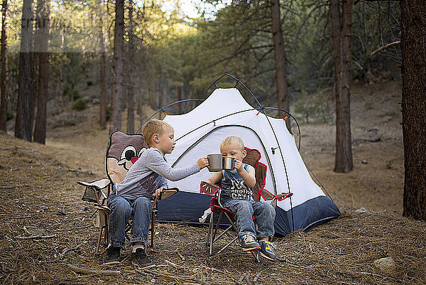 Geschwister toasten Becher  während sie im Wald auf Stühlen gegen ein Zelt sitzen