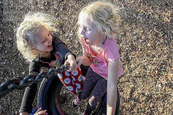 Schrägansicht auf glückliche Schwestern  die auf einer Reifenschaukel auf dem Spielplatz spielen