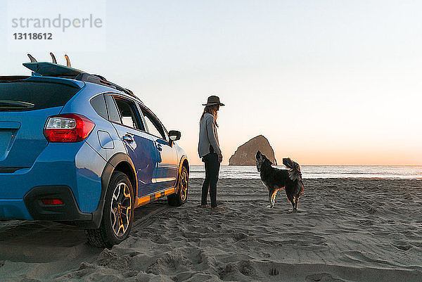 Glückliche Frau mit Hund steht am Strand am Auto