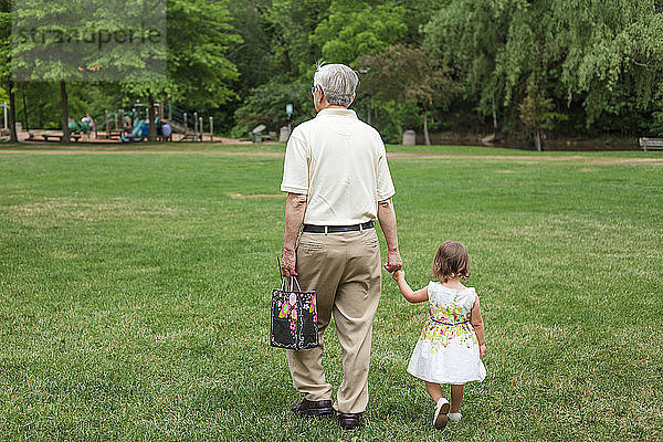 Rückansicht eines Grossvaters  der die Hände seiner Enkelin hält  während er auf einem Grasfeld im Park spazieren geht