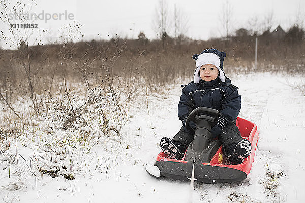 Ganzflächiges Porträt eines süßen kleinen Jungen  der auf einem Schlitten inmitten von Schnee sitzt