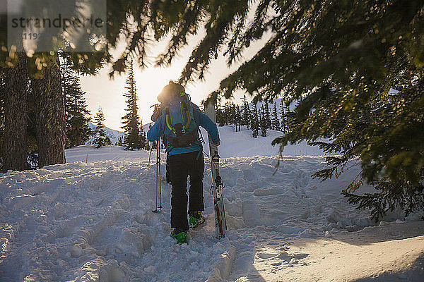 Rückansicht eines männlichen Wanderers mit Skiern und Stöcken  der im Winter im North Cascades Nationalpark wandert