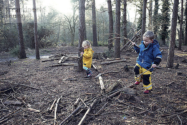 Geschwister spielen mit Stöcken im Wald