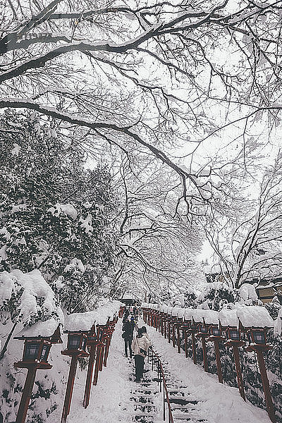Tiefblick auf Touristen  die die schneebedeckten Stufen am Kifune-Schrein erklimmen
