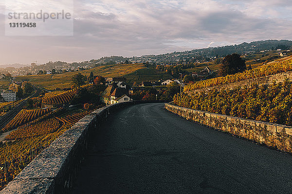 Straße inmitten von Weinbergen gegen bewölkten Himmel bei Sonnenuntergang