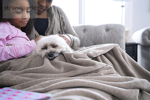 Mutter und Tochter schauen Lhasa Apso an  während sie zu Hause auf dem Sofa sitzen