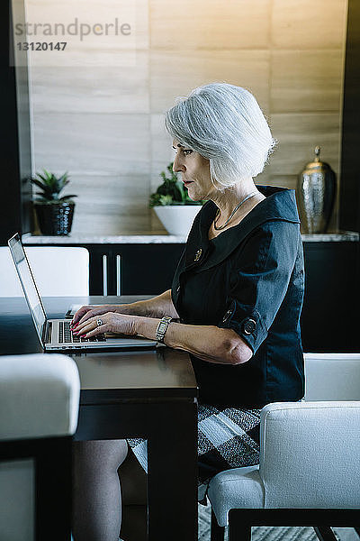 Seitenansicht einer Geschäftsfrau  die im Büro an einem Laptop-Computer arbeitet