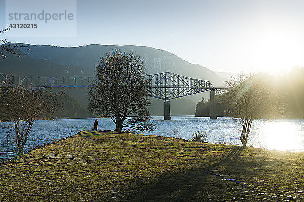 Fernansicht eines Wanderers mit Golden Retriever am Flussufer bei der Auslegerbrücke stehend