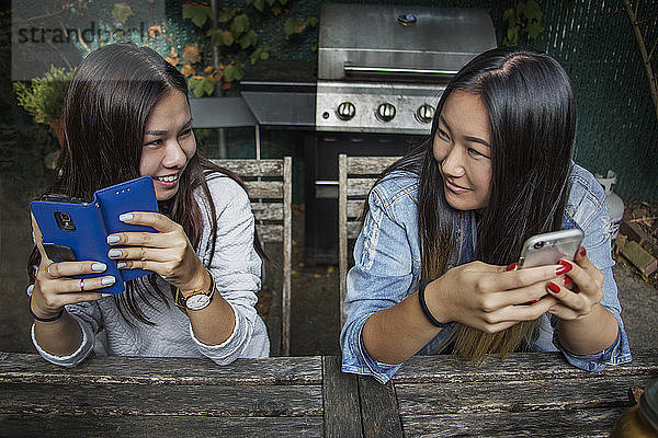 Glückliche Freundin hält Smartphone in der Hand und schaut von Angesicht zu Angesicht
