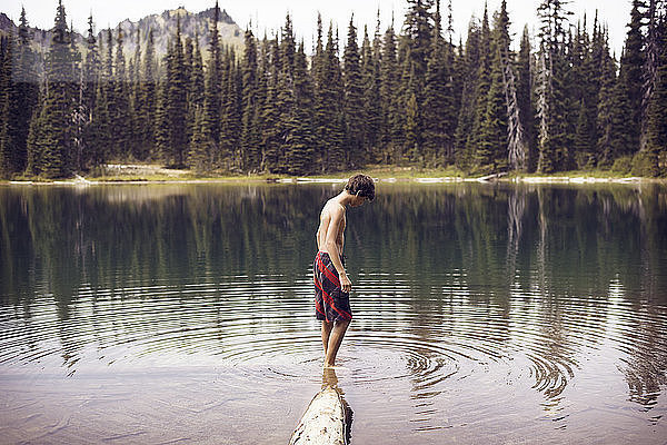 Seitenansicht eines Jungen  der am See gegen Bäume steht
