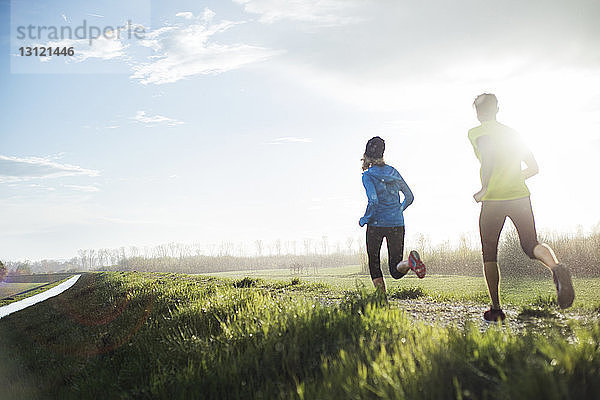 Rückansicht von Athleten  die bei Sonnenuntergang auf dem Feld laufen