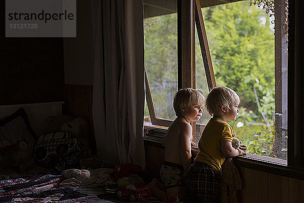 Brüder  die zu Hause stehen und durch das Fenster schauen