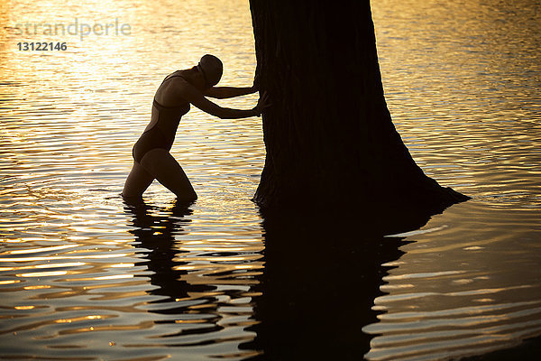 Weibliche Schwimmerin ruht sich bei Sonnenuntergang am Baum im See aus