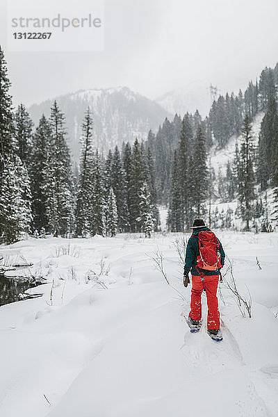 Rückansicht einer Frau mit Rucksack  die auf einem schneebedeckten Feld im Wald läuft