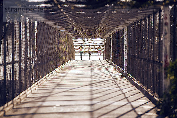 Fernblick auf Sportlerinnen  die an einem sonnigen Tag auf der Brücke joggen