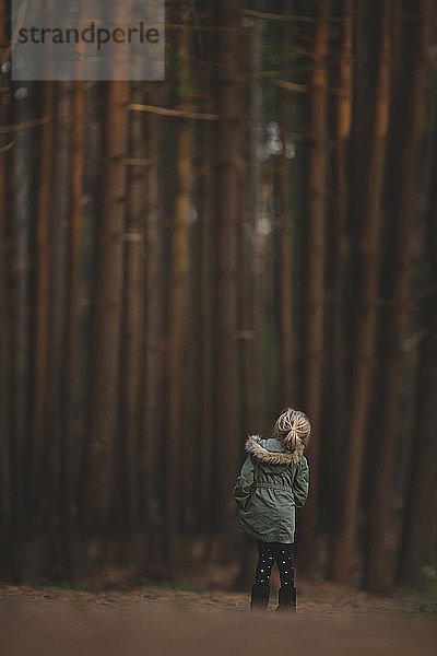 Rückansicht eines an Bäumen stehenden Mädchens im Wald