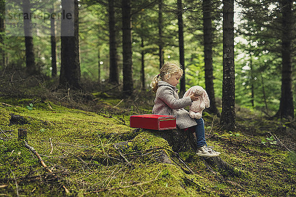Mädchen spielt mit Stoffspielzeug  während sie auf einem Baumstumpf im Wald sitzt