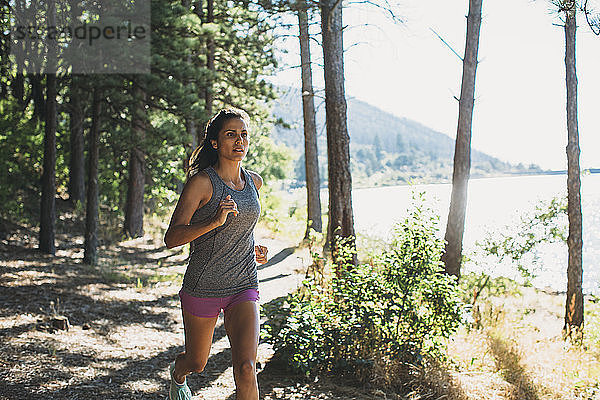Frauen joggen im Wald am See