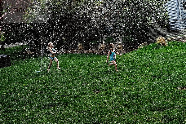 Mädchen spielen im Sprühwasser auf dem Rasen