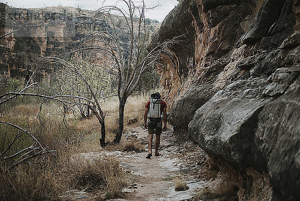 Rückansicht eines Mannes mit Rucksack beim Wandern durch Felsformationen im Wald
