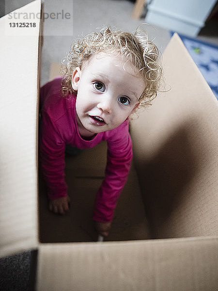 Porträt eines verspielten Mädchens  das zu Hause in einem Pappkarton sitzt
