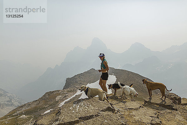 Frau mit Hunden steht auf Berg vor klarem Himmel
